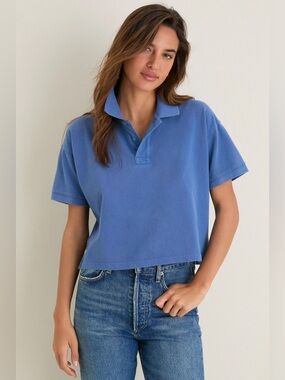 Tuckernuck Washed Blue Pique Holmes Cropped Boyfriend Polo Top Small NWT